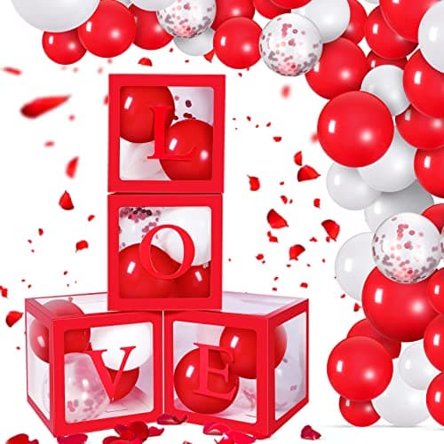 56 Pieces Valentine s Day Transparent Love Box Decorations with Balloon LED Light Letters for Valentine s Day Wedding Party Bridal Shower Birthday Party Reveal Backdrop Red