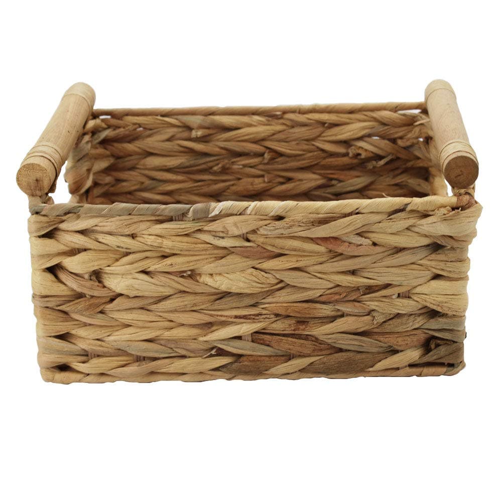 Storage Basket made by Water Hyacinth with Wood Handles Arts and Crafts Small Natural
