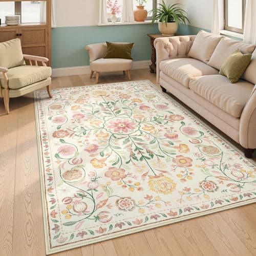 Anidaroel Boho Rugs for Bedroom Washable Area Rugs 5X7 Soft Rug for Living Room Non Slip Distressed Beige Floral Rug Stain Resistant Mat Indoor Carpet for Bedside Apartment Foyer