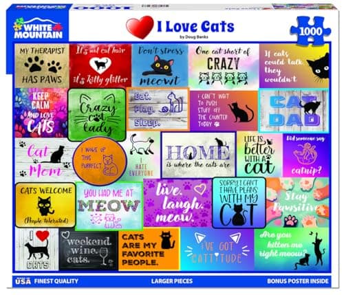 White Mountain 1000 Piece Jigsaw Puzzle Cute Cats Collage Puzzles with Large Pieces Gift for Adults and Family 24x30 I Love Cats