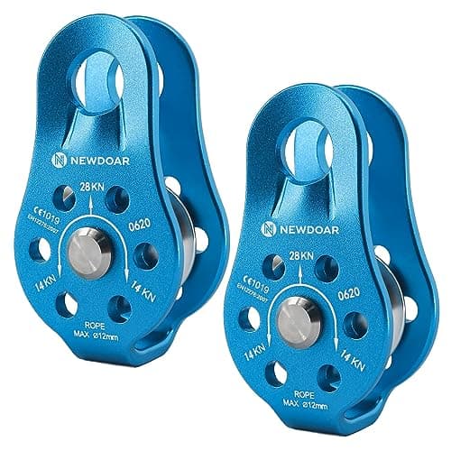 NewDoar Fixed Plate Micro Pulley,26KN CE Certified General Purpose Small Aluminum Rope Pulleys for Climbing/Aloft Work/Rappelling/Rescue Etc(26KN Blue 2pcs)