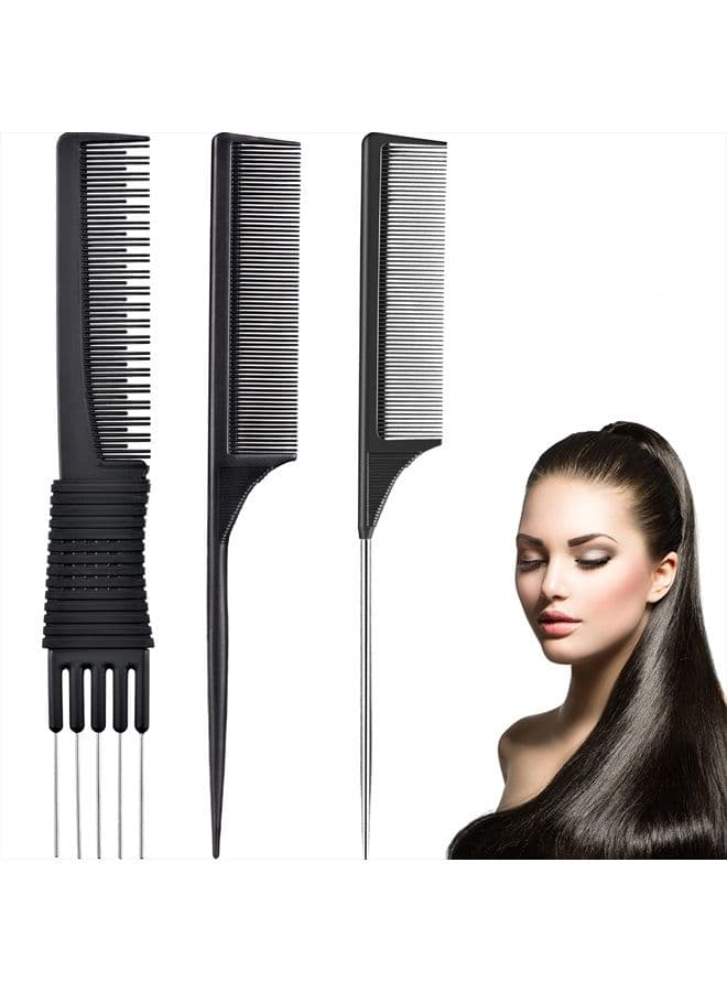 3 Pack Black Carbon Lift Teasing Combs with Metal Prong, Salon Teasing Back Combs, Black Carbon Comb with Stainless Steel Lift (Style H)