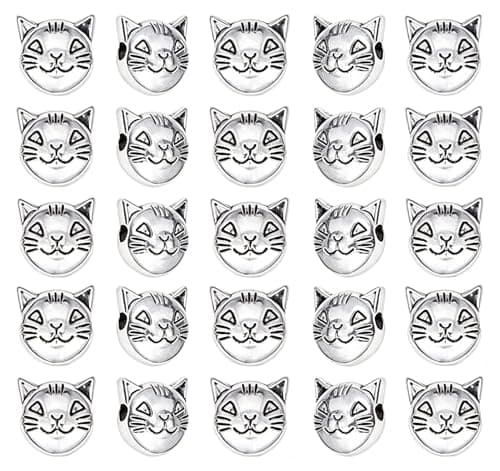 PH PandaHall 100pcs Cat Spacers Beads 8x8mm Tibetan Alloy Animal Kitty Head Beads Charms Antique Silver Cat Head Bead for Bracelet Necklace Earring Jewelry Making and DIY Craft hole 2mm