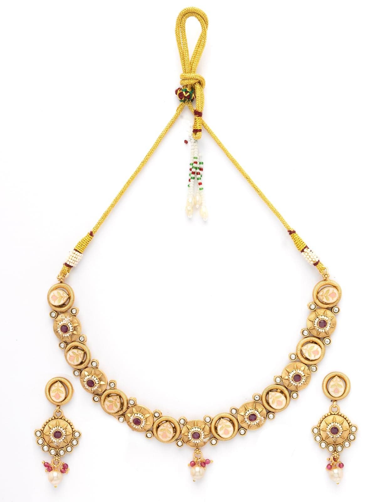 Sukkhi Festive Style Meenakari Work Gold Plated Red White Stones Choker Necklace Set with Dangle Earring Jewellery For Women|NS10681