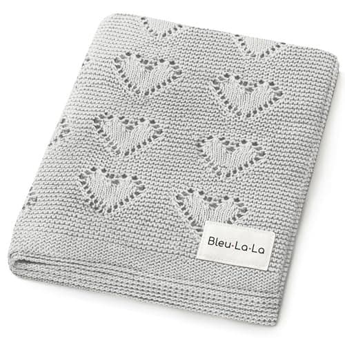 Bleu La La Heirloom Knit Heart Receiving Unisex Blanket for Boys and Girls - 100% Luxury Cotton Baby Blanket - Soft Warm Swaddle Receiving Blanket for Newborns Infants & Toddlers (Dove Grey)
