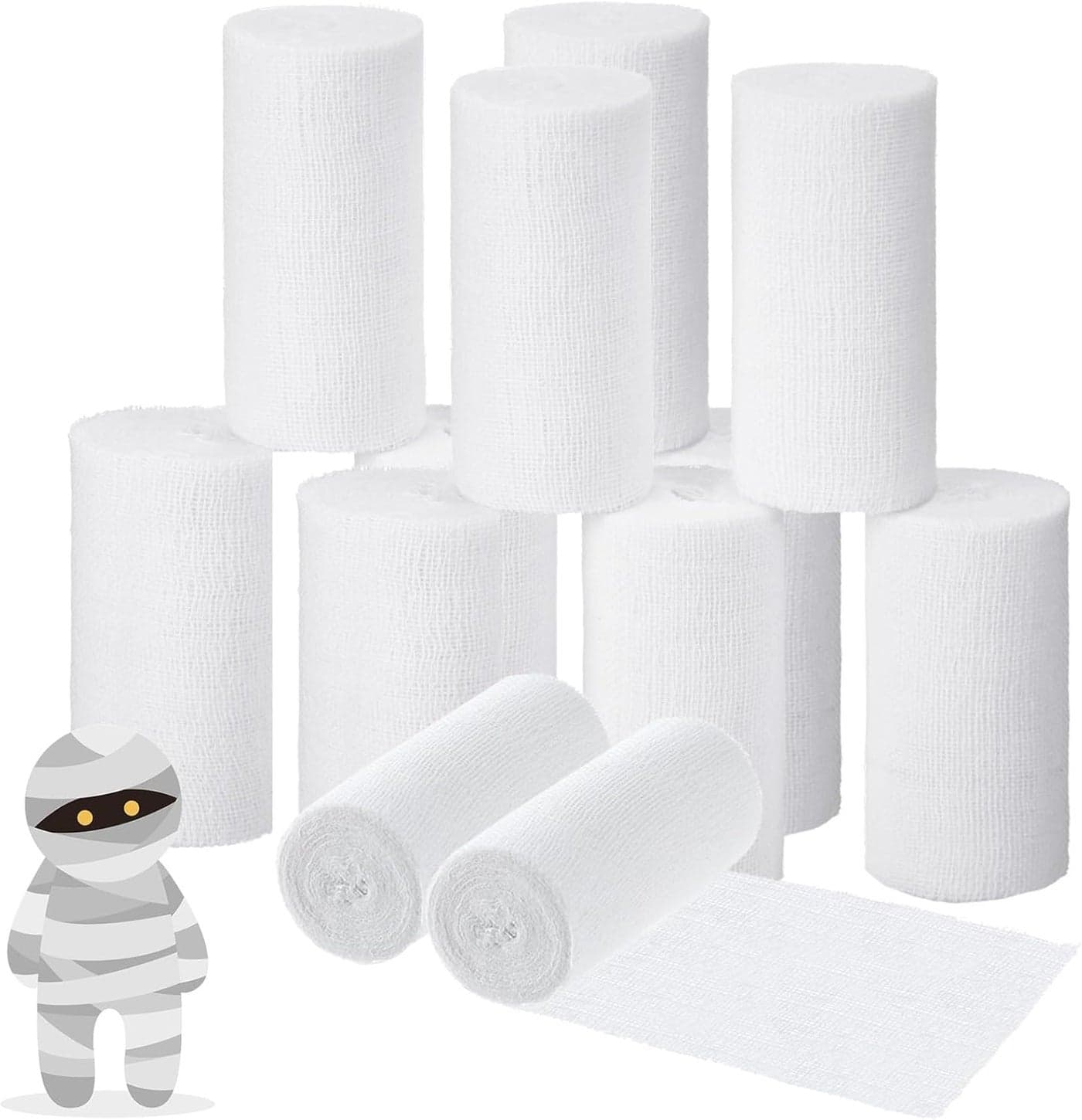 BBTO 12 Rolls Halloween Performance Mummify Cotton Bandages Gauze Rolls White Gauze Wrap Zombie Crepe Bandage Cosplay Mummy Stretch Bandage Roll Halloween Cosplay Wounded Photography Props