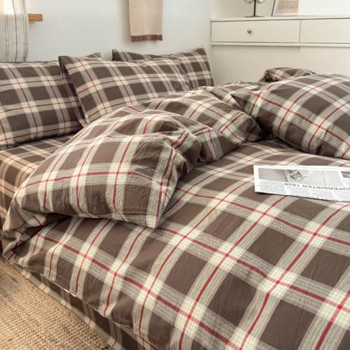 Mucalis Brown Buffalo Plaid Duvet Cover King 100 Washed Cotton Green Red Vintage Checkered Duvet Cover Set Retro 3 Piece Grid Bedding Set with Zipper Closure Corner TiesSoftEasy Care