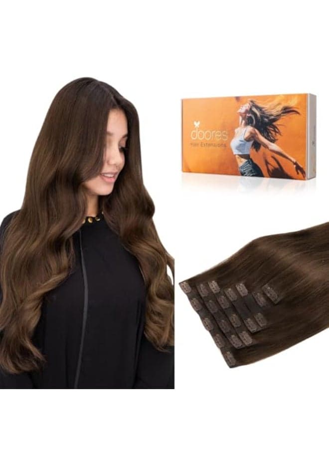 DOORES Human Hair Clip in Extensions Chocolate Brown 14 Inch 7pcs 110g Seamless Clip in Hair Extensions Seamless Weft Remy Straight Natural Invisi Edge
