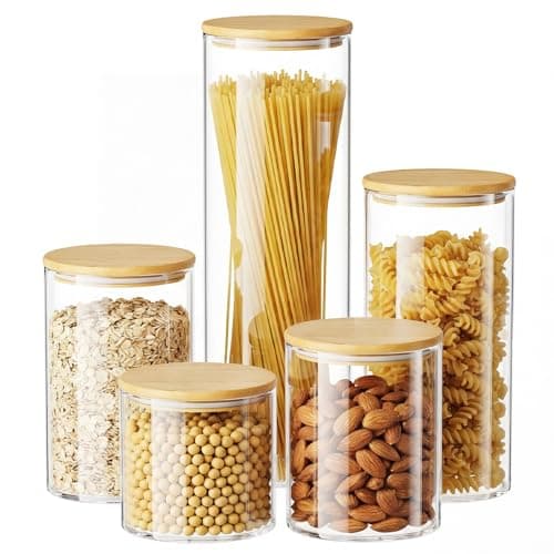 OneDream Glass Container - 5 Pack MultiSize Glass Jars with Bamboo Lid, Bamboo Lid Storage Jar Canister for Coffee Beans, Cereal, Pasta, Flour, Tea, Nuts, Candy, Salts and More