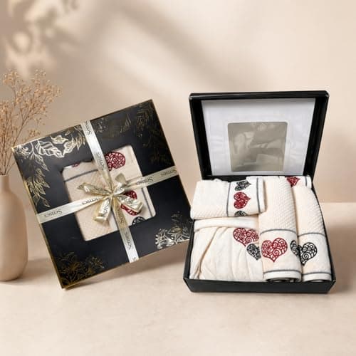SENSES by Riba 5 Pcs Luxury Wedding Trousseau Gift Box Set - Plush Cotton Bathrobe, Embroidery Bath Towel Set, Hand Towel Combo - Ivory Color (Heart Embroidery Gift Set)