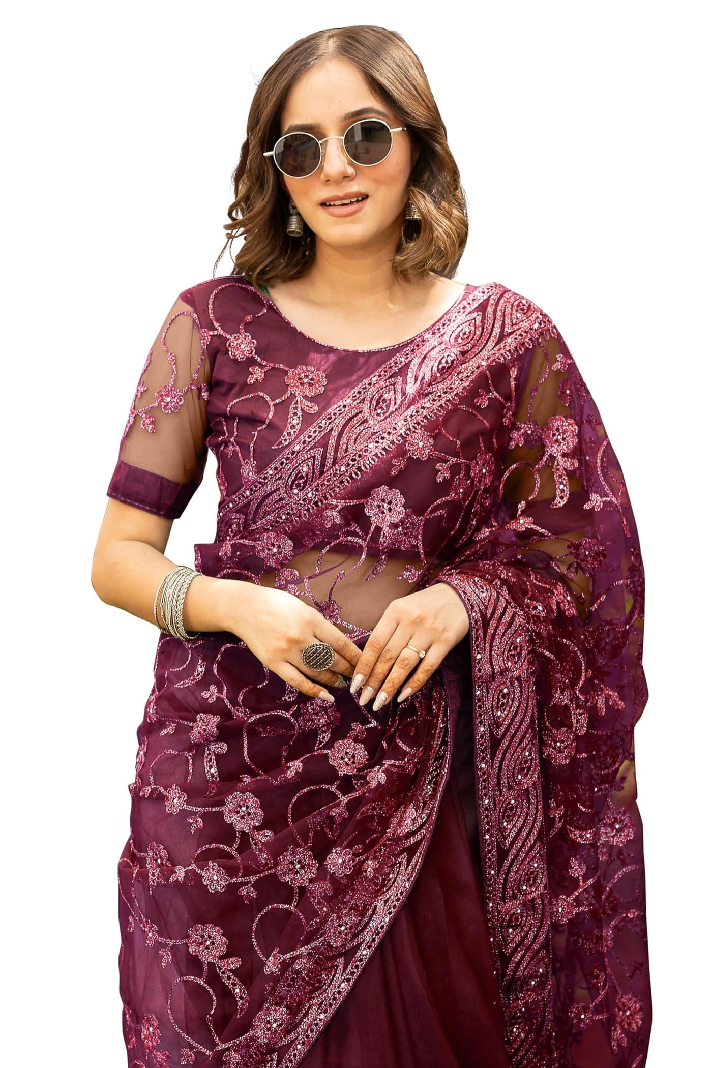 Subham Women's Net Embroidered Saree with Blouse Piece (42173 - Maroon)