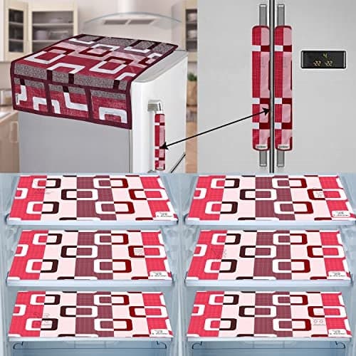 E-Retailer® Exclusive Combo Set of Appliances Cover (1 Pc. of Fridge Top Cover, 2 Pc. of Refrigerator Handle Cover and 6 Pc. Of Refrigerator Mat/Fridge Shelf Mat) (Color- Purple, Design-Box, Set Contains- 9 Pcs.)