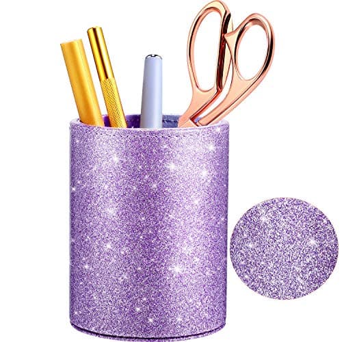 Outus PU Glitter Pen Holder Pencil Cup Shiny for Women Girls, Luxury Makeup Brush Holder Pu Leather Organizer Cup Gift for Desk Office Classroom Home (Purple)