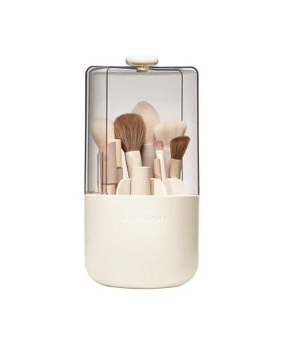 EACHY Makeup Brush Holder with Lid 360 Rotating Vanity Organizer for Brushes Dustproof Cosmetic Display Case 7 Compartments Waterproof Plastic Beige