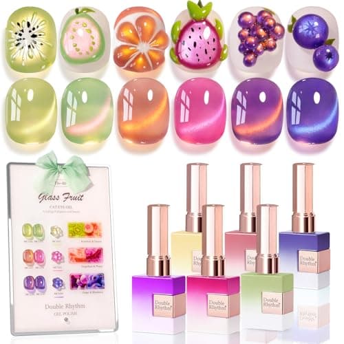 Double Rhythm Fruit Cat Eye Gel Nail Polish Set of 6 Same Color Same Bottle 05 Oz Shimmer Glitter with Magnet Holographic Reflective Magnetic UV Polish Kit at Home Glass Rose Pink GreenT648