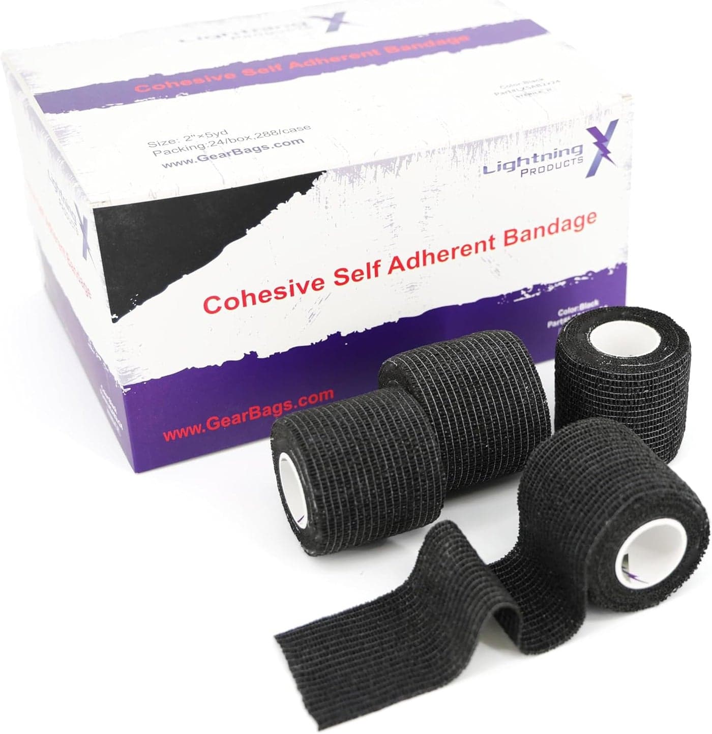 Lightning X Products Cohesive Self-Adherent Bandage Wrap, (Pack of 24), 2" x 5yds, Stealth Black
