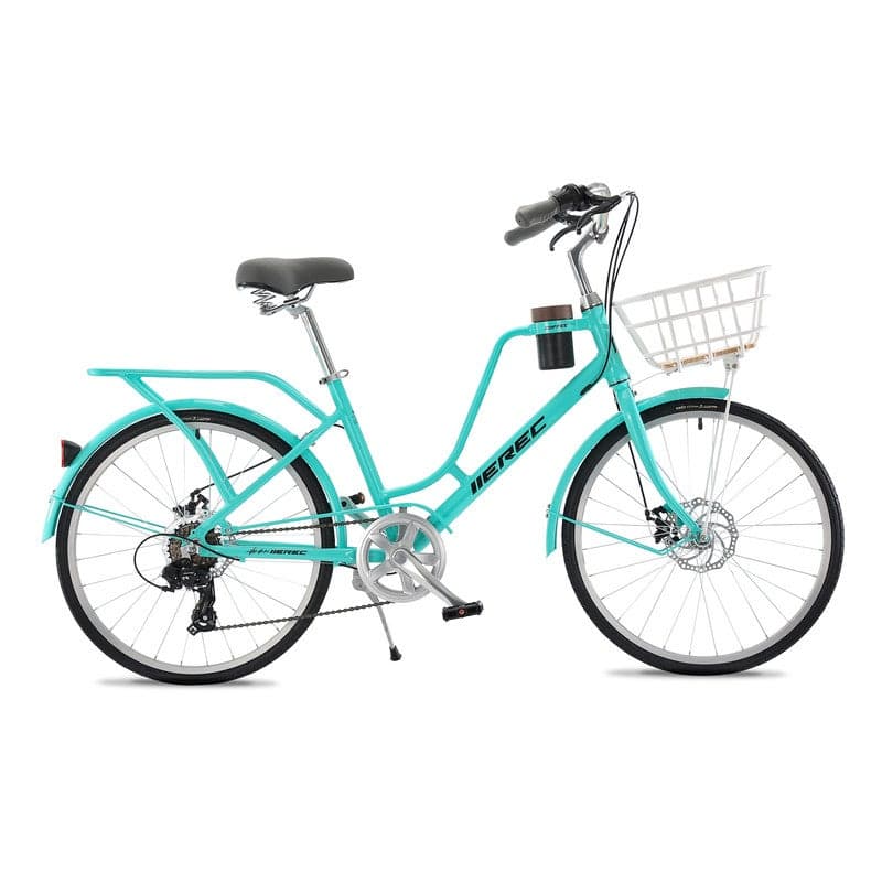 Merec Barista 24 Inch Comfort City Bike – Shimano Tourney 7-Speed, Dual Disc Brakes, Spring Saddle, Front Basket – Urban Commuter Bicycle for Men & Women - Green