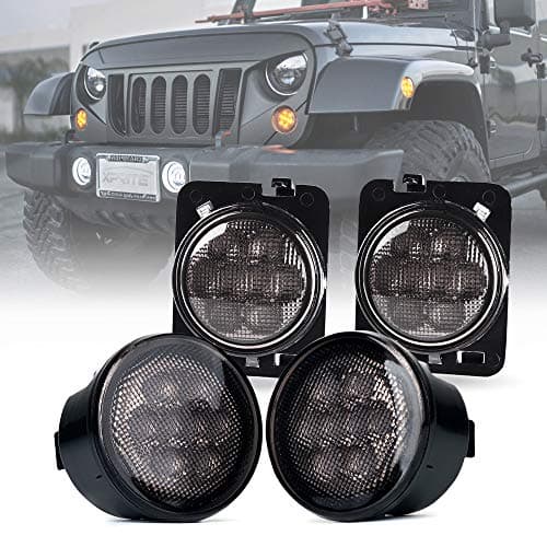 Xprite Smoked Lens Turn Signal & Side Marker Lights Kits Compatible with 2007-2018 Jeep Wrangler JK JKU Unlimited, JK LED Blinker, Amber