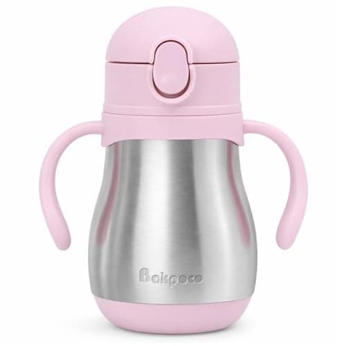 Bakpoco Stainless Steel Sippy Straw Cup for Toddlers 1-3 Years Old, Insulated Toddler Water Bottle Baby Training Tumbler with Handles, 8oz Kids Straw Cups for Travel, Daycare & At Home, Pink
