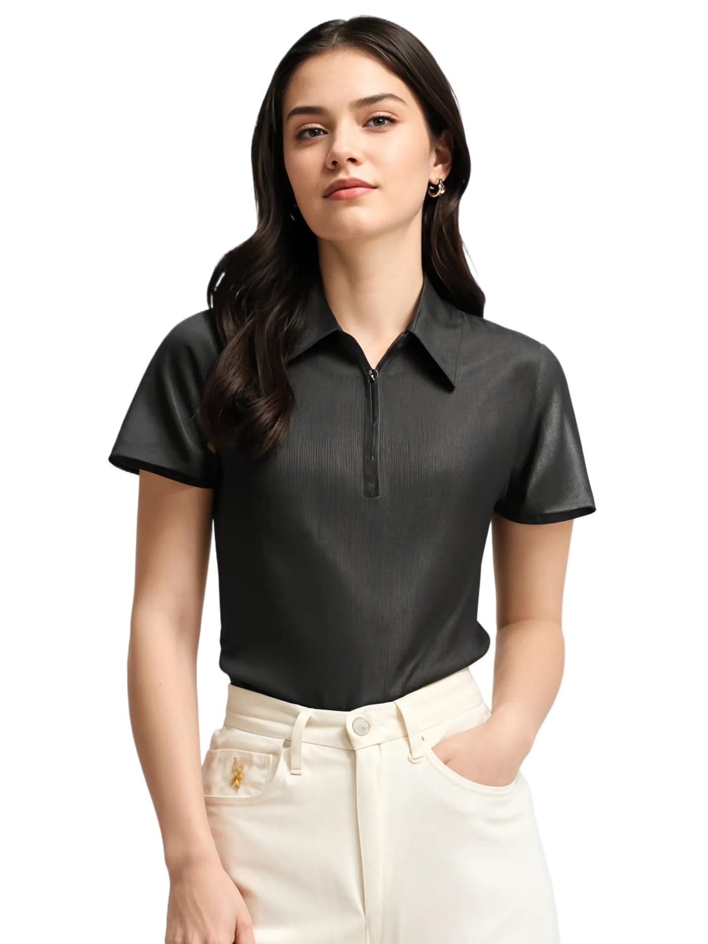 Mack Jonney Ribbed |Regular Fit | Half Sleeves 100% Cotton Polo Neck Self Design with Zip T-Shirt for Women-M923 Black