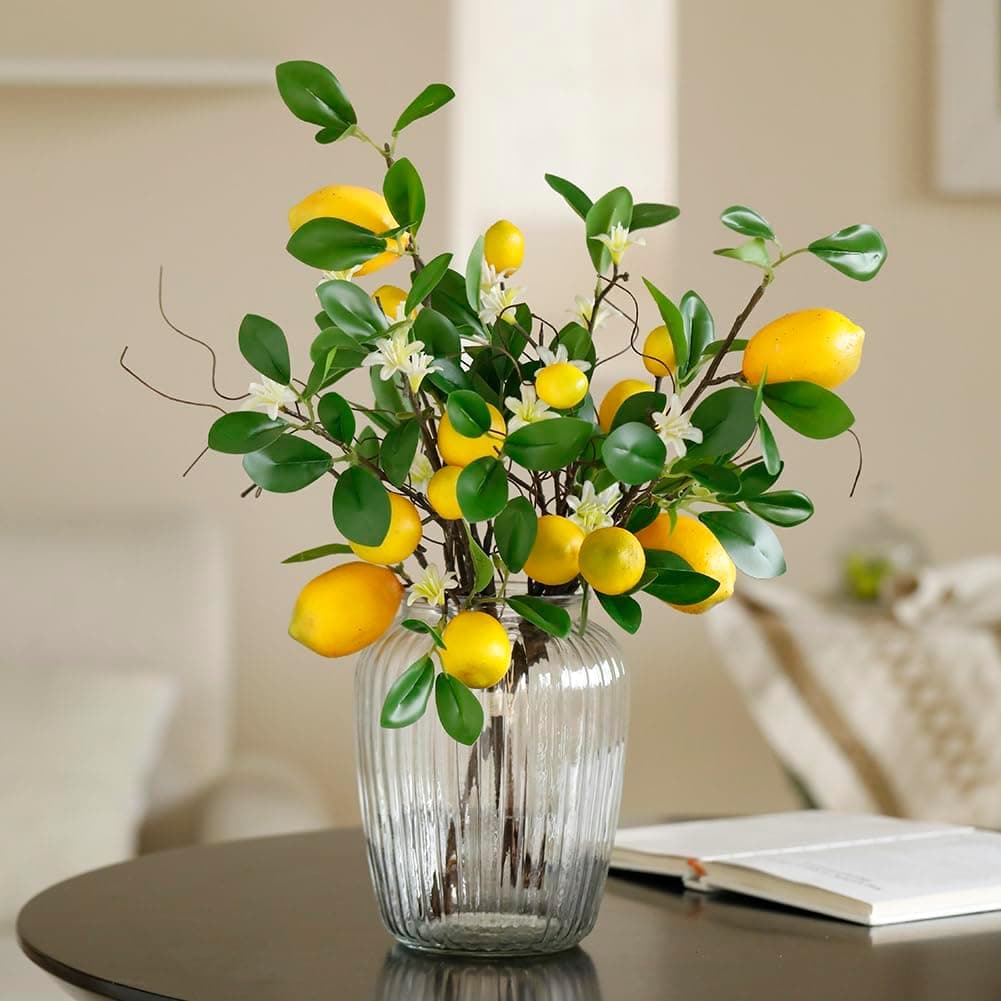 Laelfe 2 Bunches Artificial Lemons Branches Faux Lemons Fruit with Stem Fake Lemon Decoration for Kitchen Farmhouse Decor Yellow