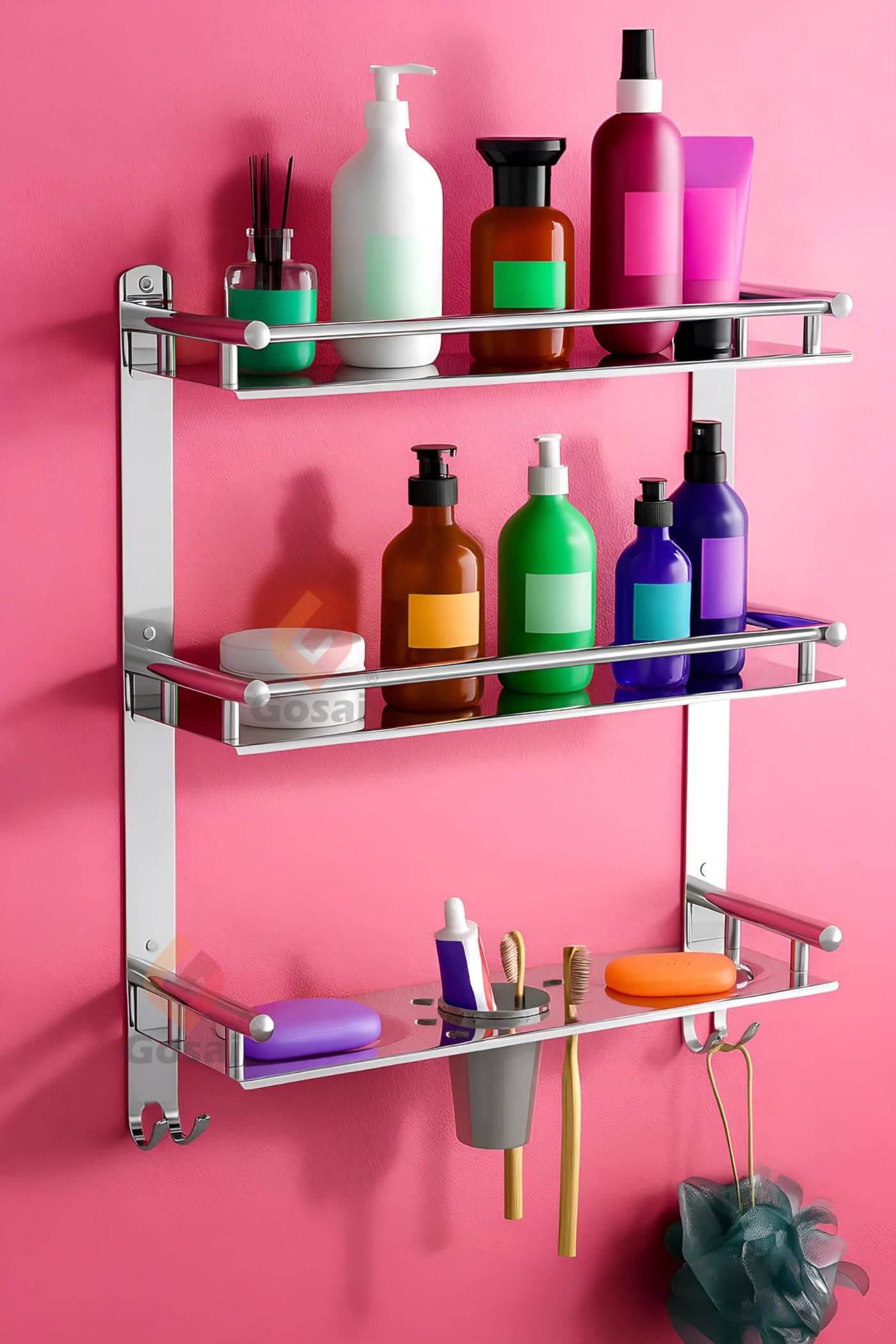GOSAI Stainless Steel Self-Adhesive or Wall Mount 3 Layer Bathroom Shelf Organizer Multipurpose Shelf Rack | Soap Dish & Tumbler Holder | Bathroom Accessories Set | Bathroom Wall Shelf 16x5x17 inch