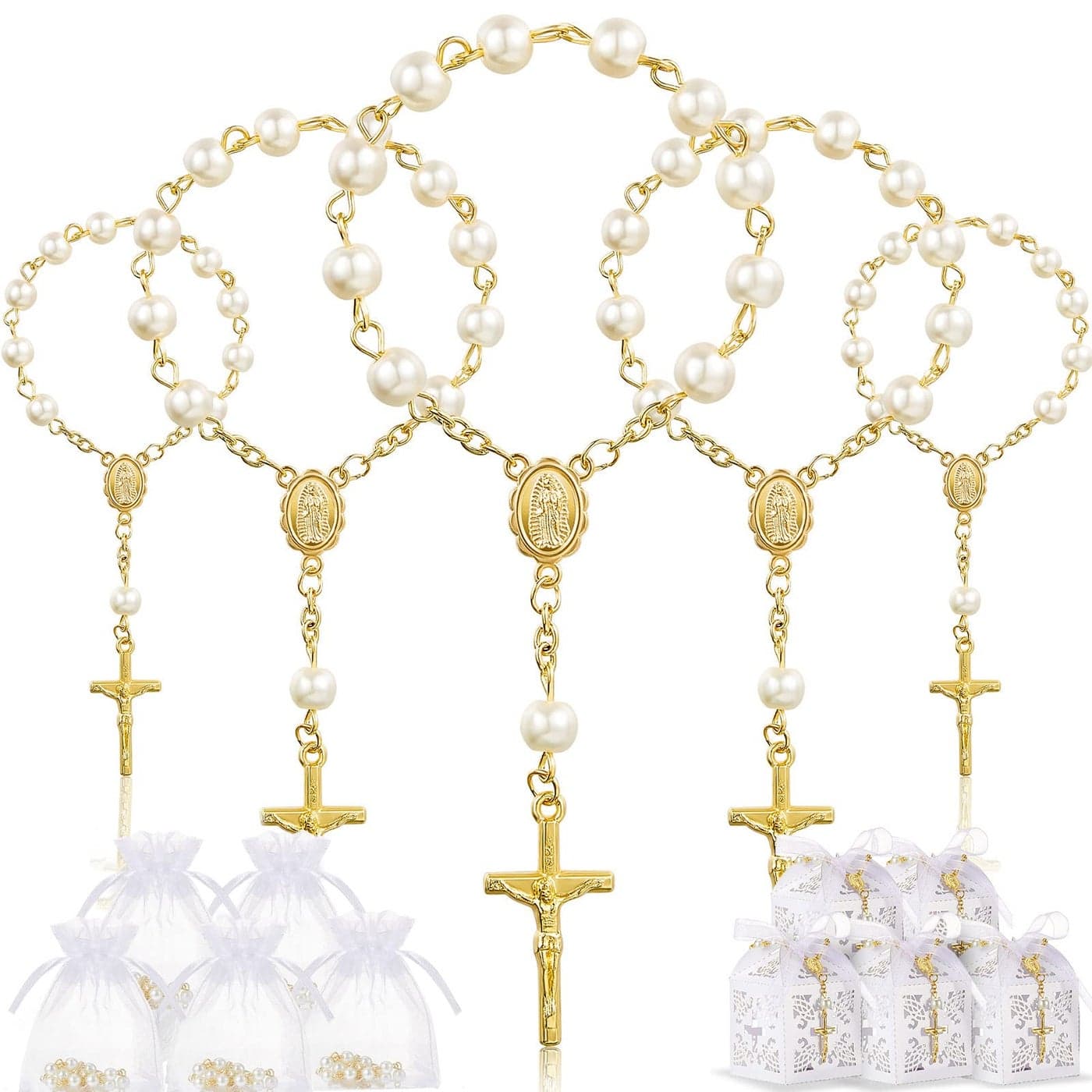 50 Packs Baptism Favors Set Acrylic Baptism Rosary Beads Faux Pearls with Organza Bags Recuerdo De Boda Y Bautizo for Christening Party FavorsGold Pearl Bracelet