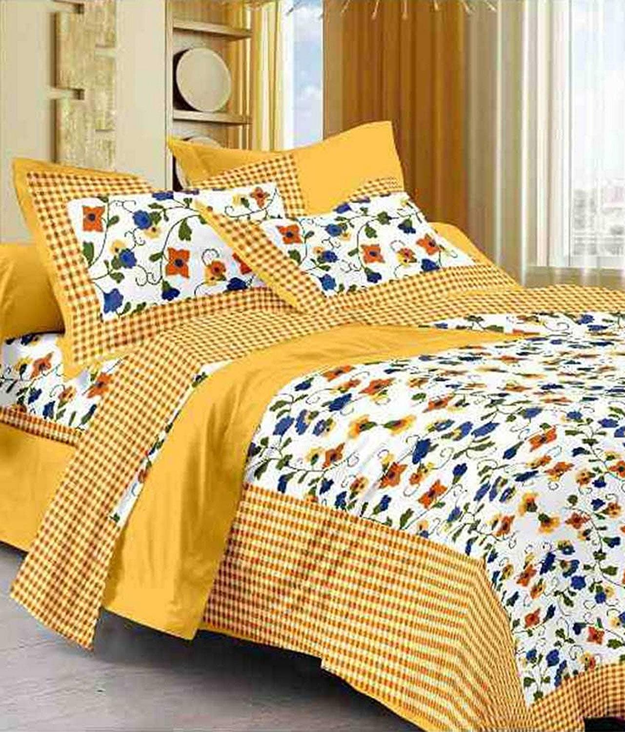 Jaipuri Style Cotton Floral Comfort Rajasthani Jaipur Traditional King Size 1 Double Bedsheet with 2 Pillow Covers Yellow