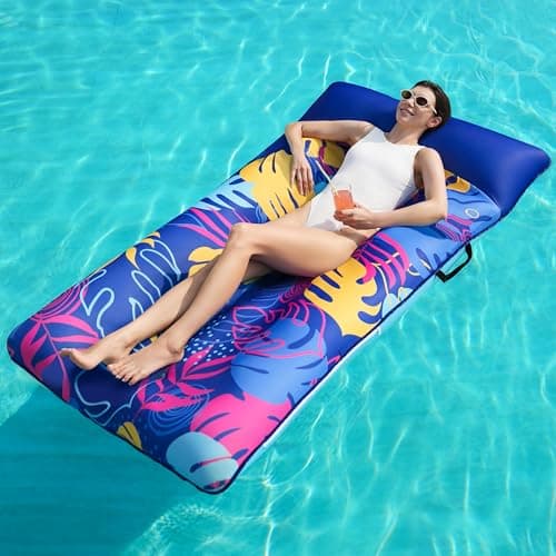 Sloosh Inflatable Pool Floats Raft XL Fabric Covered Pool Mat Lounger Floaties for Adults Ultra Comfort Inflatable Water Float with Headrest for Beach Lake Swimming Pool Floating 68X34 Blue