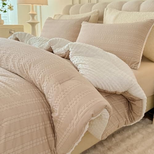 tohrisa Boho Comforter Set Twin Size Striped Pleats Bohemian Seersucker Bedding Set All Season Soft Cozy 2 Pieces Quilt with 1 Pillowcase(68"X90" Beige)