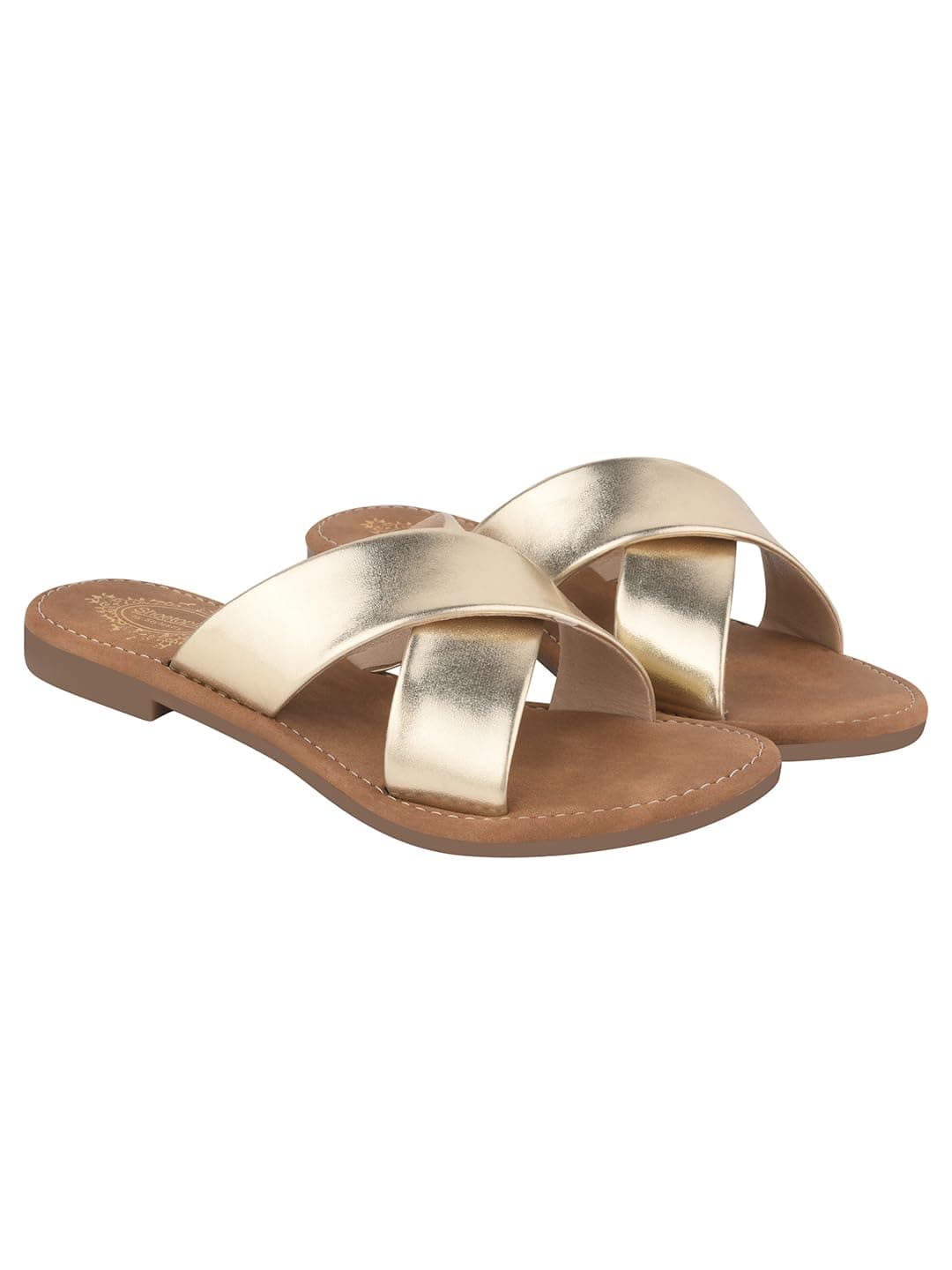 Shoetopia Women’s Golden Flat Sandals with Cross Strap Design | Stylish Casual Slip-On Flats for Daily Footwear & Ethnic Outfits EU39