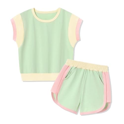 SANMIO Toddler Girl Clothes Summer Toddler Sweatsuit Color Block Short Sleeve Shorts 2-3T Girls Casual Sets 2 Piece Outfits Green