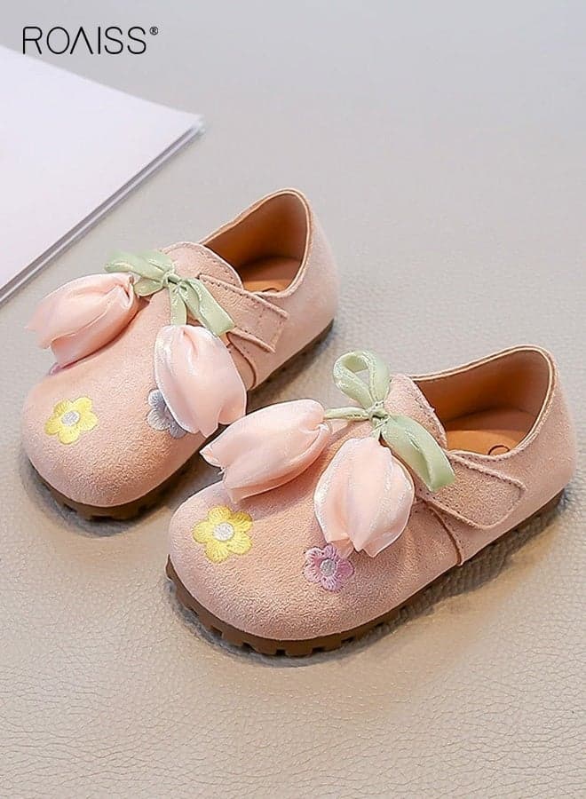 Girls Stylish Shoes, Exquisite Dress Shoes with Tulip Decoration, Flat Shoes with Velcro Closure and Anti-slip Sole, Suitable for Parties, Weddings, School, Daily Wearing or Other Occasions