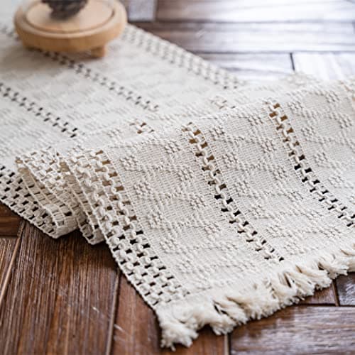 Alynsehom Macrame Table Runner Cream Beige Boho Table Runners with Tassels Hand Woven Cotton Table Runner Rustic Farmhouse Table Runners for Bohemian Kitchen Dining Table(12x95in)