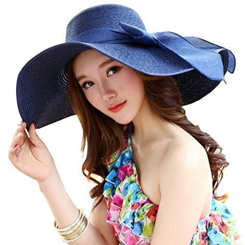 Fashion Ladies Woman Wide Large Brim Floppy Fold Summer Swimming Garden Beach Straw Sun Hat Cap for Holiday Traveling Blue