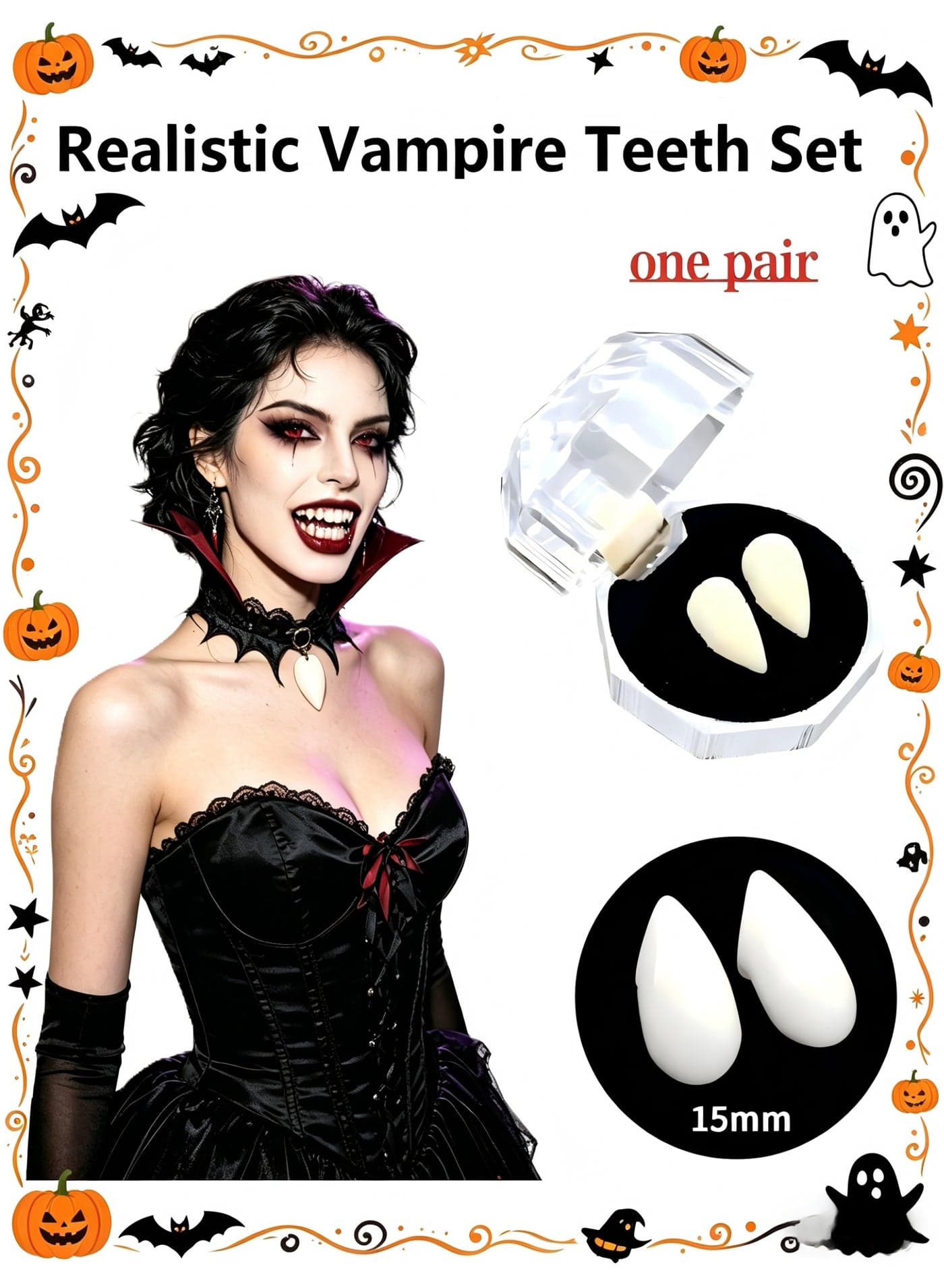 15mm Vampire Teeth Set, Realistic Fake Vampire Fangs Cosplay Accessories, Reusable Plastic Horror Teeth for Halloween Costume, Party, Masquerade, Carnival, Cosplay Props for Adults & Kids