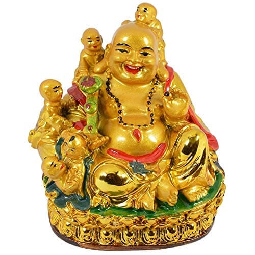 Ripe India® Laughing Buddha with Children for Health Wealth and Happiness Porcelain Showpiece 11Cm (Golden)