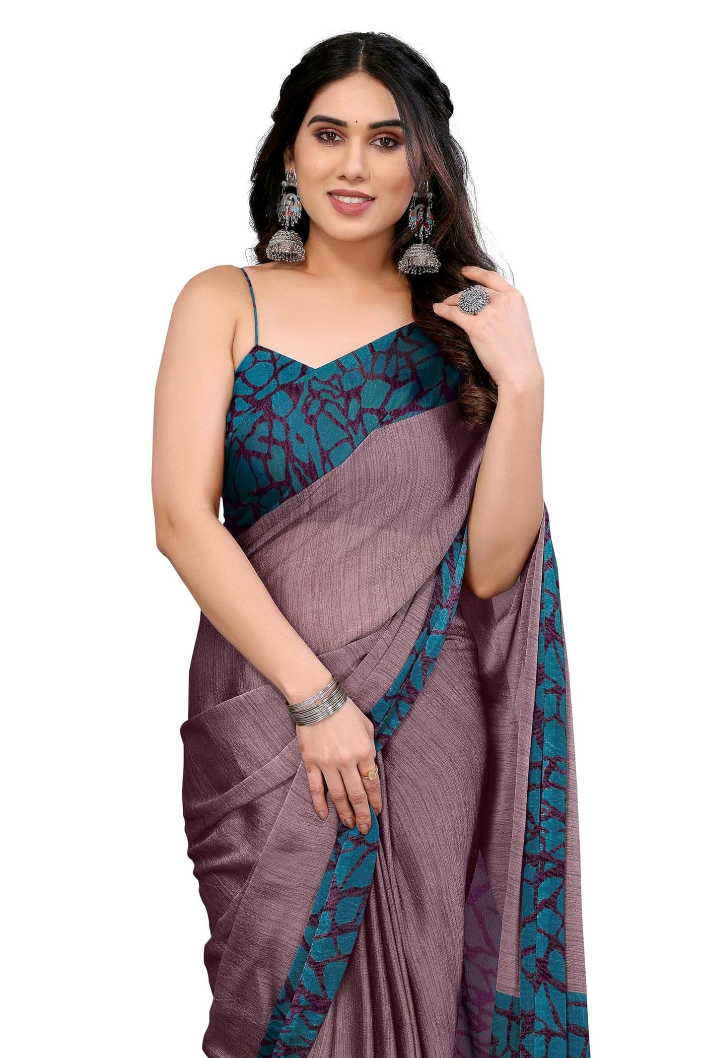 MIRCHI FASHION Chiffon Georgette Abstract Border Pallu Printed Solid Sarees for Women with Blouse Piece (43554 - Dusty Wine, Dark Turquoise)