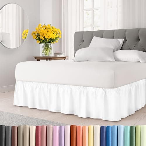 Wrap Around Dust Ruffle Bed Skirt - White - for Queen Size Beds with 12 Inch Drop - Easy Fit Elastic Strap - Adjustable Pleated Bedskirt w/Brushed Fabric - Wrinkle Free - for Women, Men, Kids & Teens