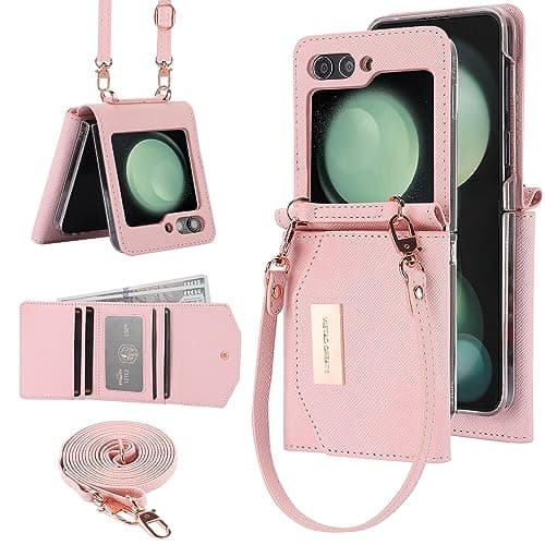 XIMAND for Samsung Galaxy Z Flip 5 Wallet Case with Builtin Leather Cash Slot and Credit Card Holder Wristlet Strap and Hinge Protection Carrying Handbag Phone Case for Women LadiesPink
