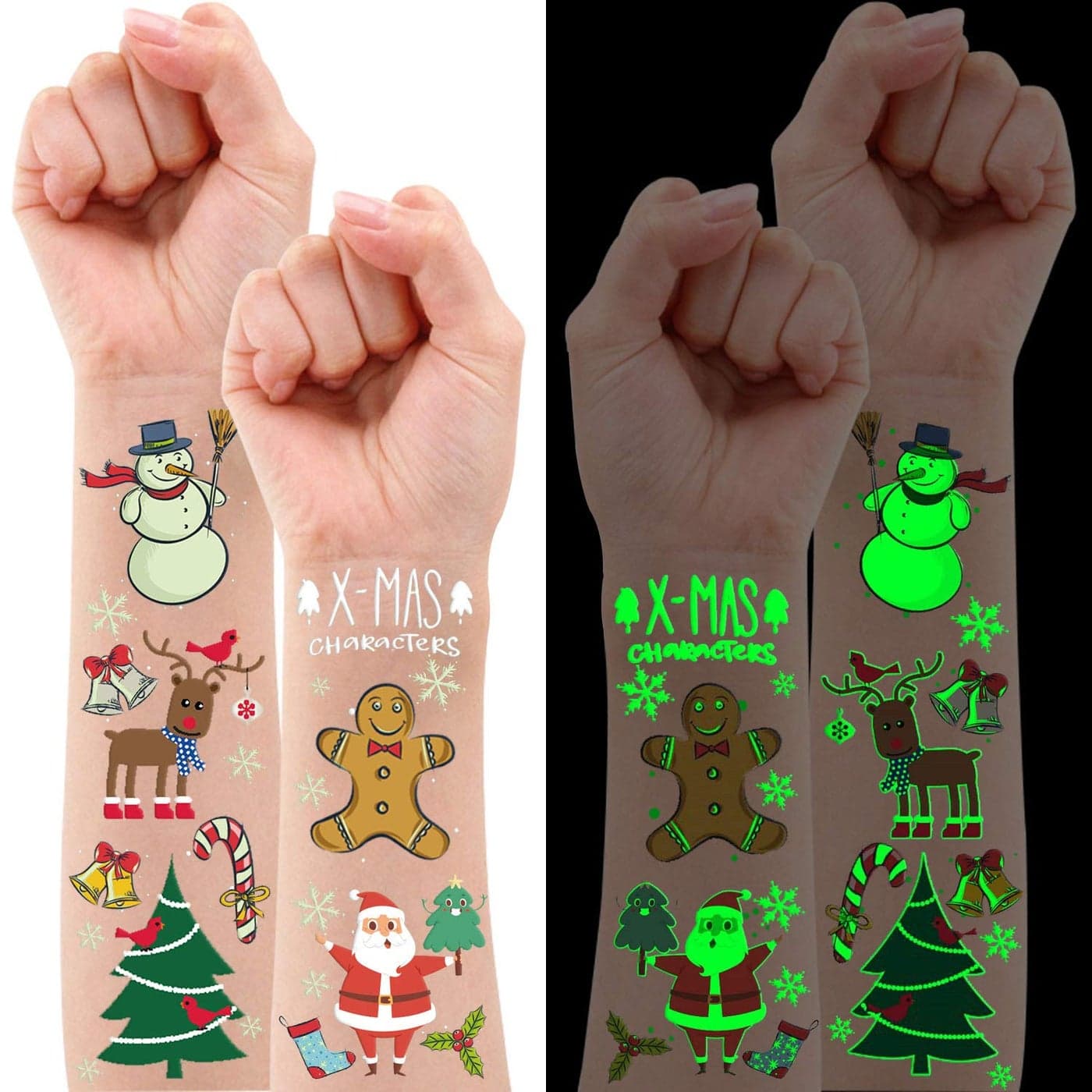 Partywind Luminous Christmas Temporary Tattoos for Party Decorations Glow Christmas Stocking Stuffers for Kids Party Favors Supplies Xmas Holiday Stickers for Kids Boys Girls 4 Sheets