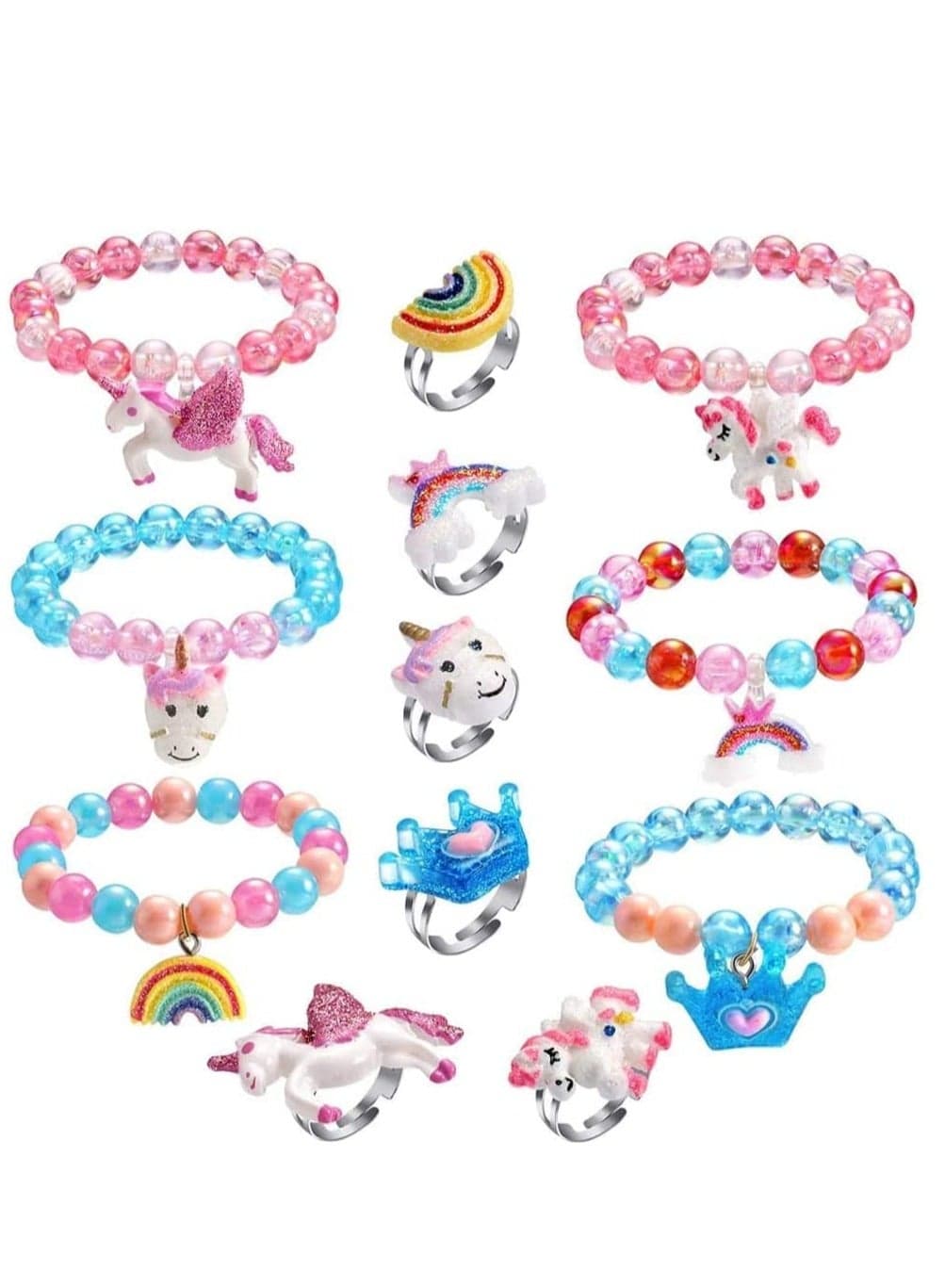 Unicorn Bracelet Ring Set for Girls 12 Pcs Stocking Fillers Jewelry Shiny Crown Beaded With Colorful Adjustable Rings Toddler Little Girl Play Party Favors