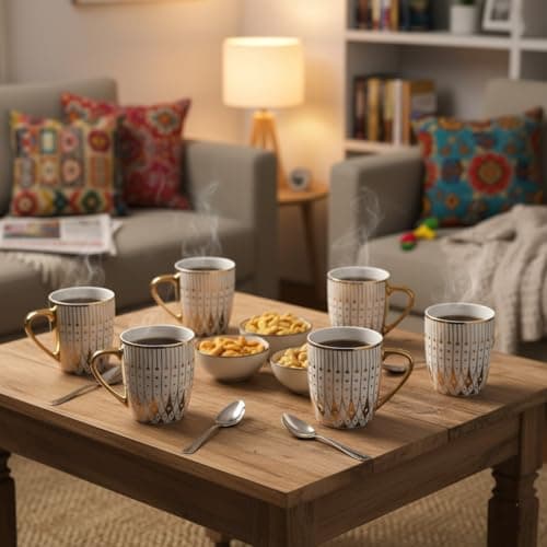 Femora Gold Modern Pattern with White Background Golden Tea Mugs, Ceramic Tea Cups, Coffee Mugs (160 ml, Golden) - 6 Pcs Set (NOT Microwave Safe)
