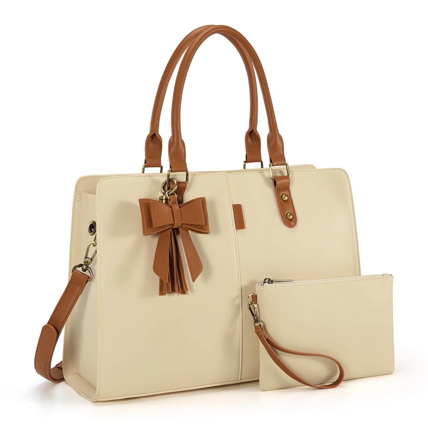 ECOSUSI Laptop Tote Bag Laptop Bag 156 inch Work Shoulder Briefcase Computer Messenger with Clutch Satchel Handbag 2 PCS Set Brown Beige