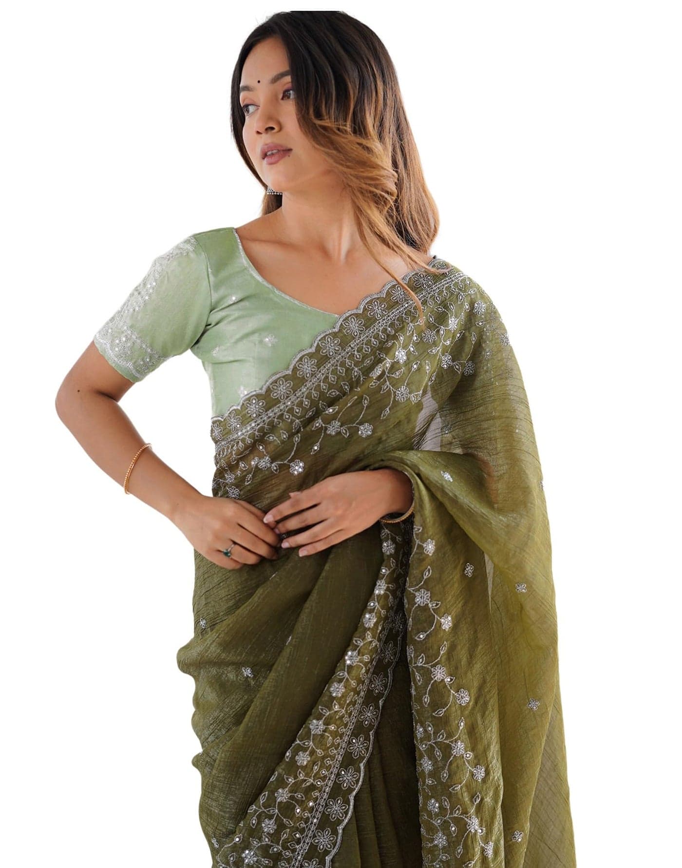 SIRIL Women's Sequence Embroidery Scalloped Border Shimmer Chiffon Saree With Unstitched Blouse Piece (4318S177_Olive Green)