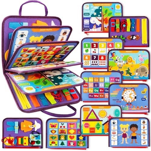 Clever Fox Montessori Busy Board for Toddlers 20 Learning Activities Baby Book Sensory Fine Motor Toys for Kids 2 3 Year Old Boy Girl Sensory Learning Board for Travel Plane Gifts Purple