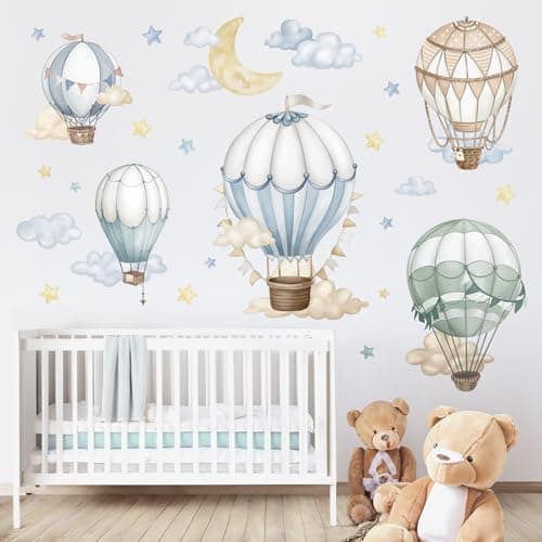 wondever Watercolor Hot Air Balloon Wall Stickers Star Moon Cloud Balloons Peel and Stick Wall Art Decals for Baby Nursery Kids Bedroom