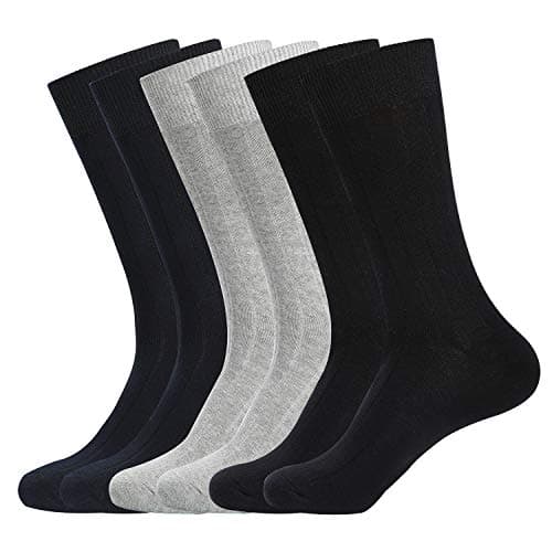 WANDER Dress Socks Men's Classic Cotton Solid Premium Ribbed Socks Seamless Soft for Office Business 6 Pairs 7-12