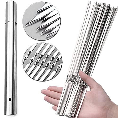 CenterZ 30 Pack Kebab Skewers 15 Long Flat Stainless Steel BBQ Shish Kabob Skewers with Portable Metal Storage Tube Reusable Meat Sticks Set for Grilling Marshmallow Vegetable Shiskabob Barbecue