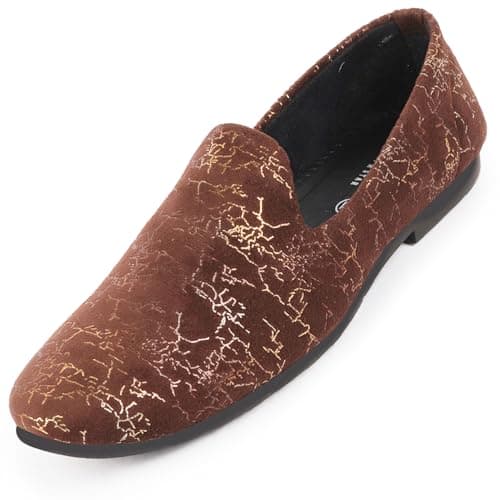 FAUSTO FST FOSME-2068 BROWN-41 Men's Brown Velvet Printed Ethnic Wedding Party Prom Slip On Loafer Shoes (7 UK)